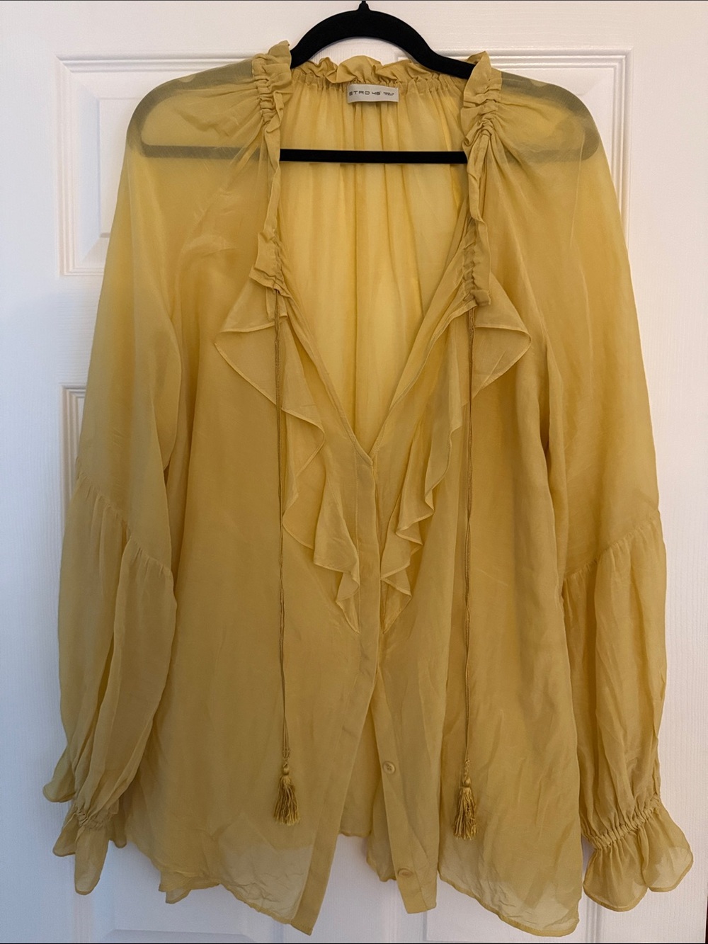 Etro Sheer Ruffle Tie-Neck Blouse in Warm Yellow